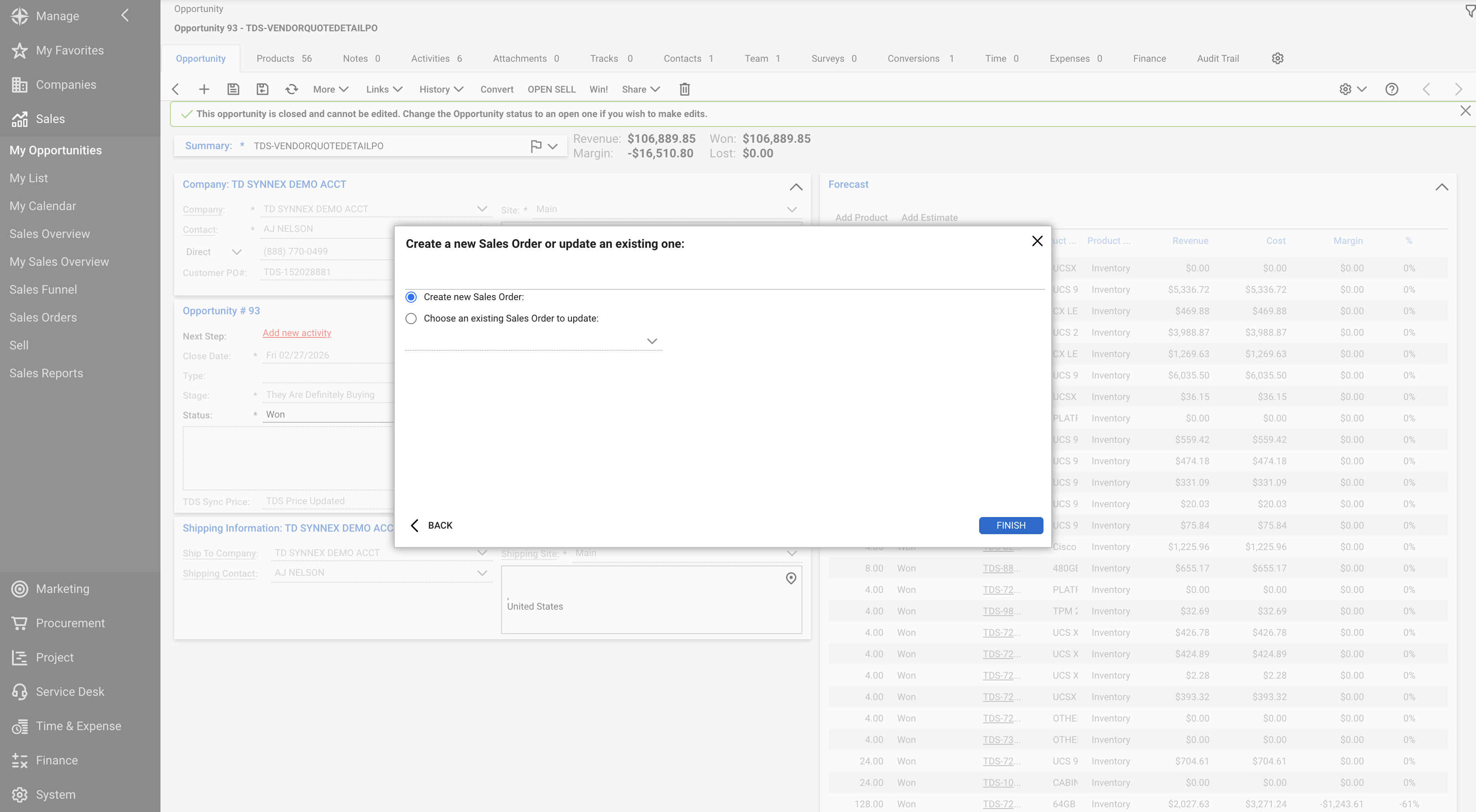 4. Create New Sales Order ConnectWise