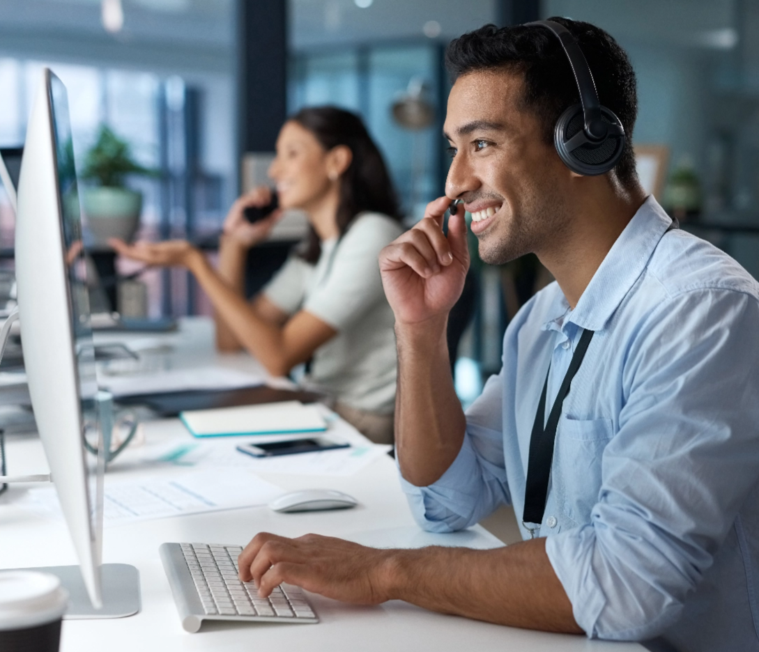 Happy person on headset