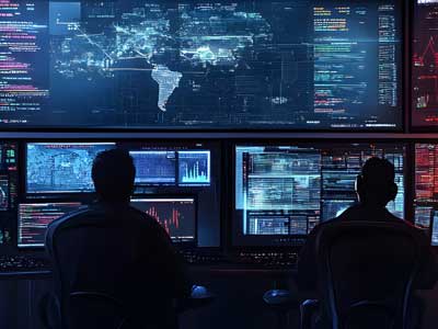 Big Screen Display Showing Infographics and Global World Map Data. Telecommunications Control Monitoring Room with 2 men working at monitors